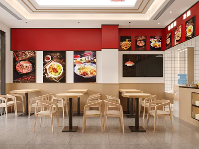 Vibrant Restaurant Interior Featuring Red Walls Food Posters Wooden Tables And Order Counter 3d model