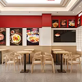 Vibrant Restaurant Interior Featuring Red Walls Food Posters Wooden Tables And Order Counter
