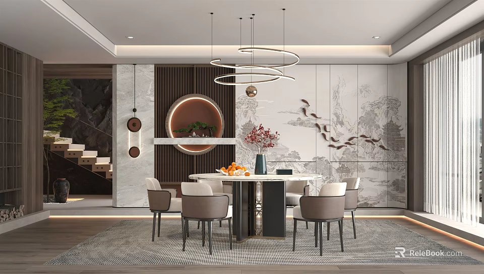 Modern Chinese Restaurant Interior With Round Dining Table Chairs Pendant Lights And Decorative Wall 3d model 
