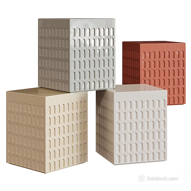 Set Of Four Cube Shaped Stools With Perforated Design In Multiple Colors 3d model