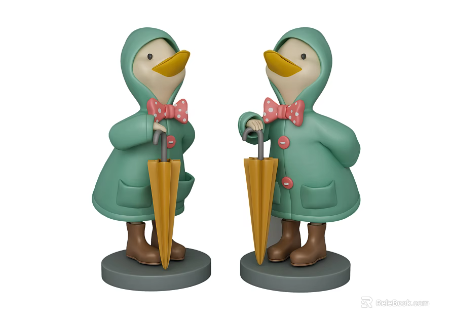 Duck Dolls Wearing Green Raincoats Pink Bow Ties Holding Yellow Umbrellas Brown Boots Gray Bases 3d model 