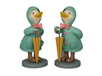 Duck Dolls Wearing Green Raincoats Pink Bow Ties Holding Yellow Umbrellas Brown Boots Gray Bases 3d model