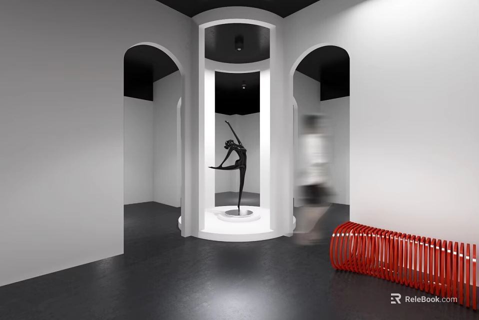 Modern Art Space With Dancer Sculpture On White Pedestal And Red Bench 3d model 