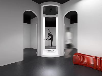 Modern Art Space With Dancer Sculpture On White Pedestal And Red Bench 3d model