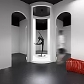 Modern Art Space With Dancer Sculpture On White Pedestal And Red Bench