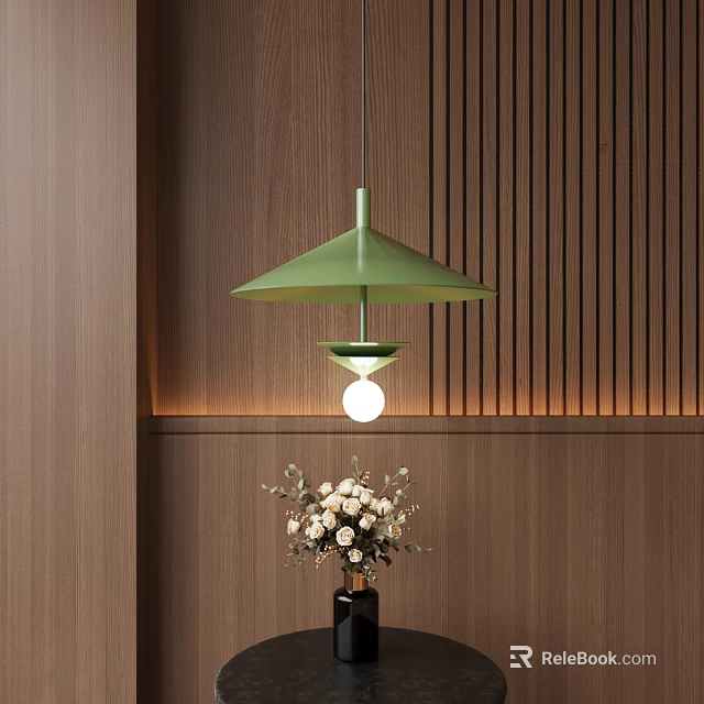 Green Modern Pendant Light Hanging Over Wooden Vertical Slat Wall With White Flowers 3d model 
