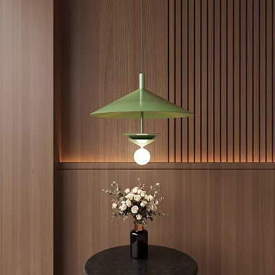 Green Modern Pendant Light Hanging Over Wooden Vertical Slat Wall With White Flowers 3d model