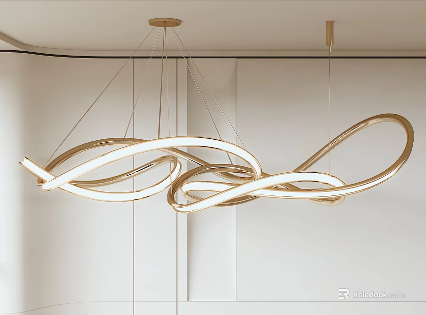 Elegant Modern Curved Metal Chandelier With Illuminated Rings In Minimalist Interior 3d model 