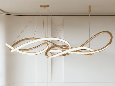 Elegant Modern Curved Metal Chandelier With Illuminated Rings In Minimalist Interior 3d model