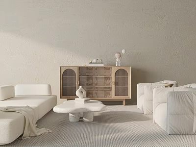 Modern White Sofa And Coffee Table Set With Wooden Cabinet And Woven Rug 3d model