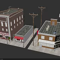3D Street Scene Model With Commercial Buildings Storefronts And Street Lamps