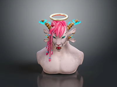 Pink Haired Fantasy Game Movie Character With Halo And Blue Glowing Horns 3d model