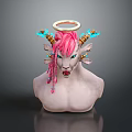 Pink Haired Fantasy Game Movie Character With Halo And Blue Glowing Horns