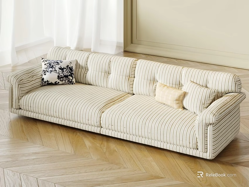 Striped Three Seater Sofa With Patterned And Beige Cushions On Wooden Herringbone Floor 3d model 
