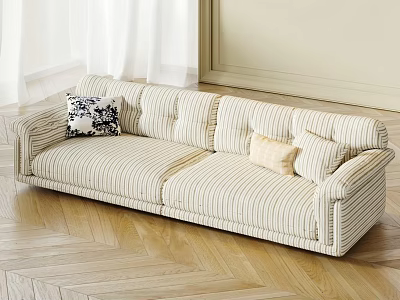 Striped Three Seater Sofa With Patterned And Beige Cushions On Wooden Herringbone Floor 3d model