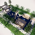 Serene Garden Landscape Design With Pool Stones Green Plants And Wooden Pavilion