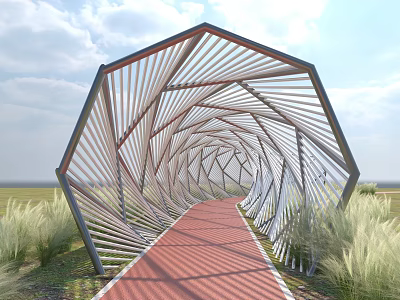Modern Geometric Pergola With Curved Slats Red Walkway Green Grass And Open Sky 3d model