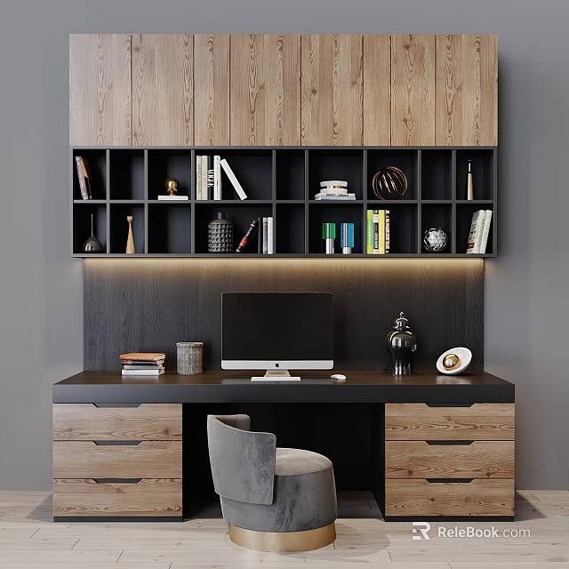 Modern Wooden Desk And Chair Set With Open Bookshelf And Decorative Items 3d model 