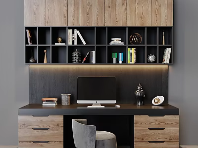 Modern Wooden Desk And Chair Set With Open Bookshelf And Decorative Items 3d model