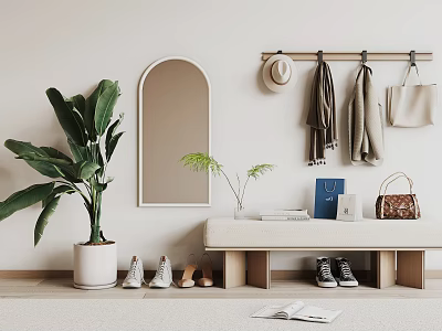 Minimalist Entryway Bench With Wall Mounted Coat Rack Round Mirror Green Plants And Shoes 3d model