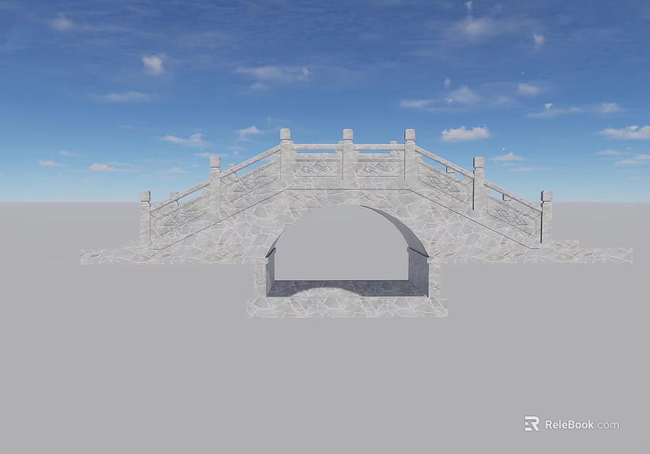 Ancient Stone Arch Bridge With Detailed Railings Under Blue Sky And Clouds 3d model 