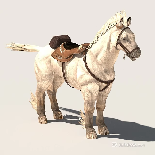 Detailed White Horse Side Profile With Brown Saddle And Leather Harness Standing 3d model 