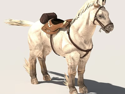 Detailed White Horse Side Profile With Brown Saddle And Leather Harness Standing 3d model