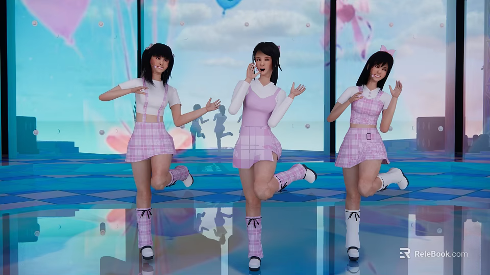 Stage with Three Girls Dancing in Pink Plaid Skirts and Colorful Balloons 3d model 