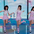 Stage with Three Girls Dancing in Pink Plaid Skirts and Colorful Balloons