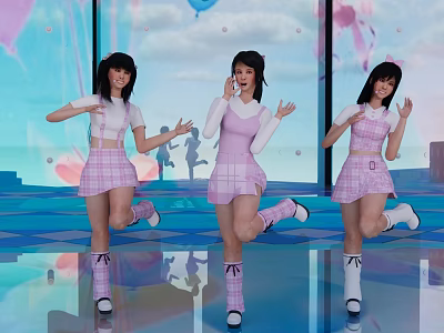 Stage with Three Girls Dancing in Pink Plaid Skirts and Colorful Balloons 3d model