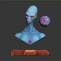 Game Movie Character Blue Alien Bust With Red Pedestal Floating Colorful Sphere And Necklace