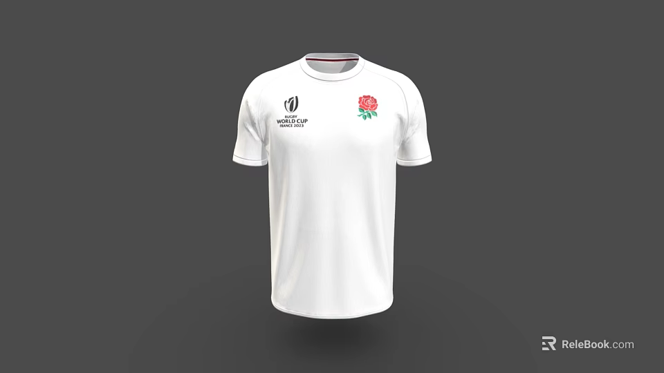 White Rugby T-shirt Featuring World Rugby 2023 World Cup Logo And Red Rose Design 3d model 