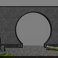 Circular Archway with Gray Wall Gravel Ground Stones and Green Plants