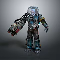 Futuristic Sci Fi Character Wearing Mechanical Armored Suit With Helmet And Cybernetic Gear