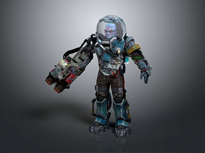 Futuristic Sci Fi Character Wearing Mechanical Armored Suit With Helmet And Cybernetic Gear 3d model