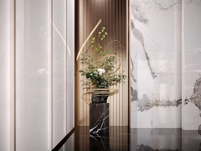 Elegant Modern Vase with Flowers on Marble Pedestal Wooden Background Decor 3d model