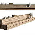 Rustic Wooden Public Bench Featuring Teacups Basket And Decorative Vases 3d model