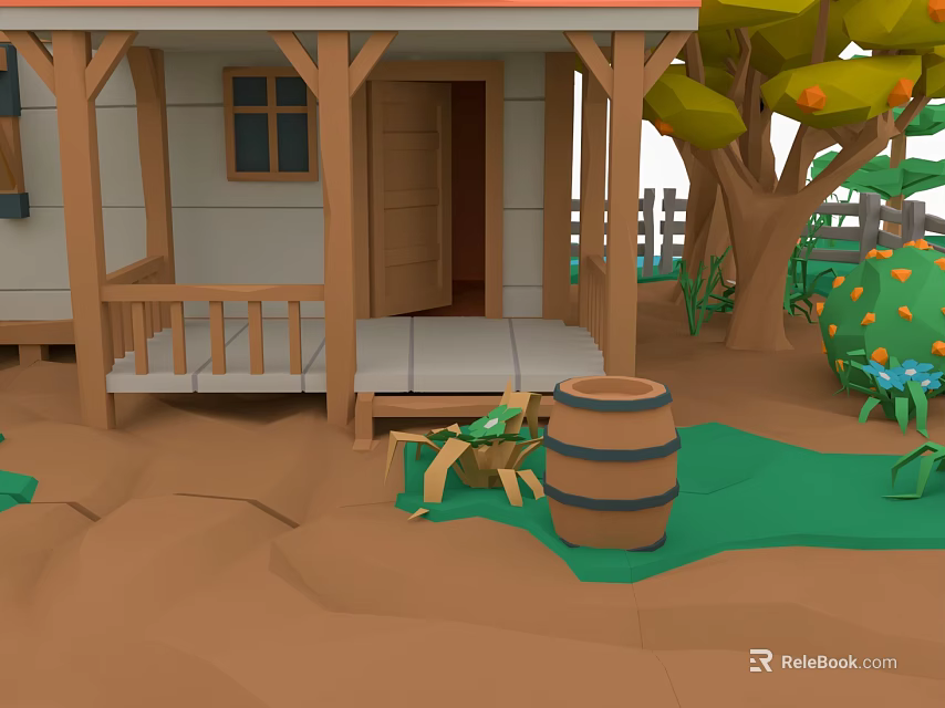 Cartoon Scene of Cozy Cabin Porch with Railing Wooden Barrel Tree Green Grass and Crab 3d model 