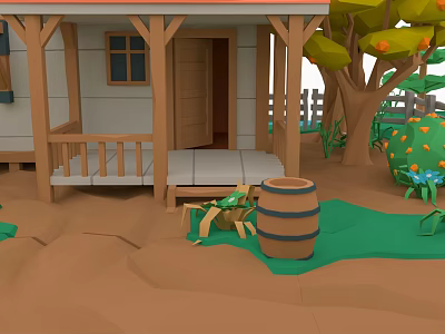 Cartoon Scene of Cozy Cabin Porch with Railing Wooden Barrel Tree Green Grass and Crab 3d model
