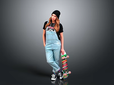 Young Girl In Black Beanie Black T Shirt And Light Blue Overalls Holding Colorful Skateboard 3d model