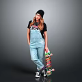Young Girl In Black Beanie Black T Shirt And Light Blue Overalls Holding Colorful Skateboard