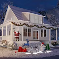 Detached House Exterior With Christmas Wreaths Santa Figure Gift Boxes And Snowy Landscape