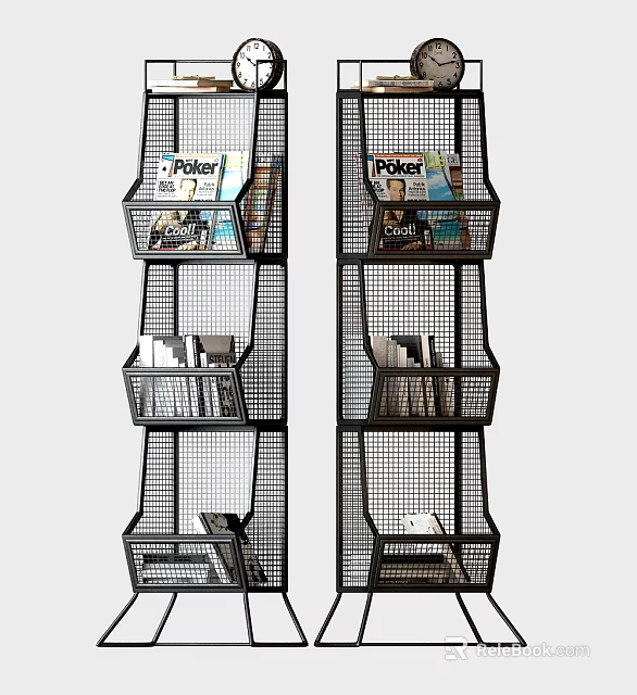 Black Wire Mesh Display Shelves With Multiple Storage Baskets And Poker Magazines 3d model 