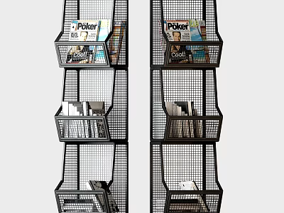 Black Wire Mesh Display Shelves With Multiple Storage Baskets And Poker Magazines 3d model