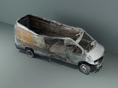 Abandoned Rusty Van With Damaged Body And Exposed Interior Frame 3d model