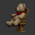 Cute Brown Teddy Bear Sitting on Wicker Chair with Red Scarf and Colorful Patterns