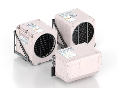Three Industrial Air Conditioning Fans With Square Design And Information Labels 3d model