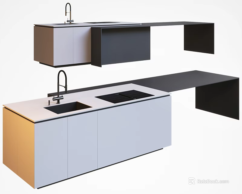 Modern Minimalist Kitchen Counter Design With Sink Faucet And White Cabinets 3d model 
