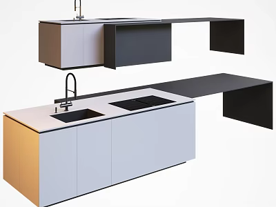 Modern Minimalist Kitchen Counter Design With Sink Faucet And White Cabinets 3d model