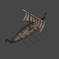 Ancient Viking Wooden Ship With Red White Striped Sail Carved Figureheads And Oars
